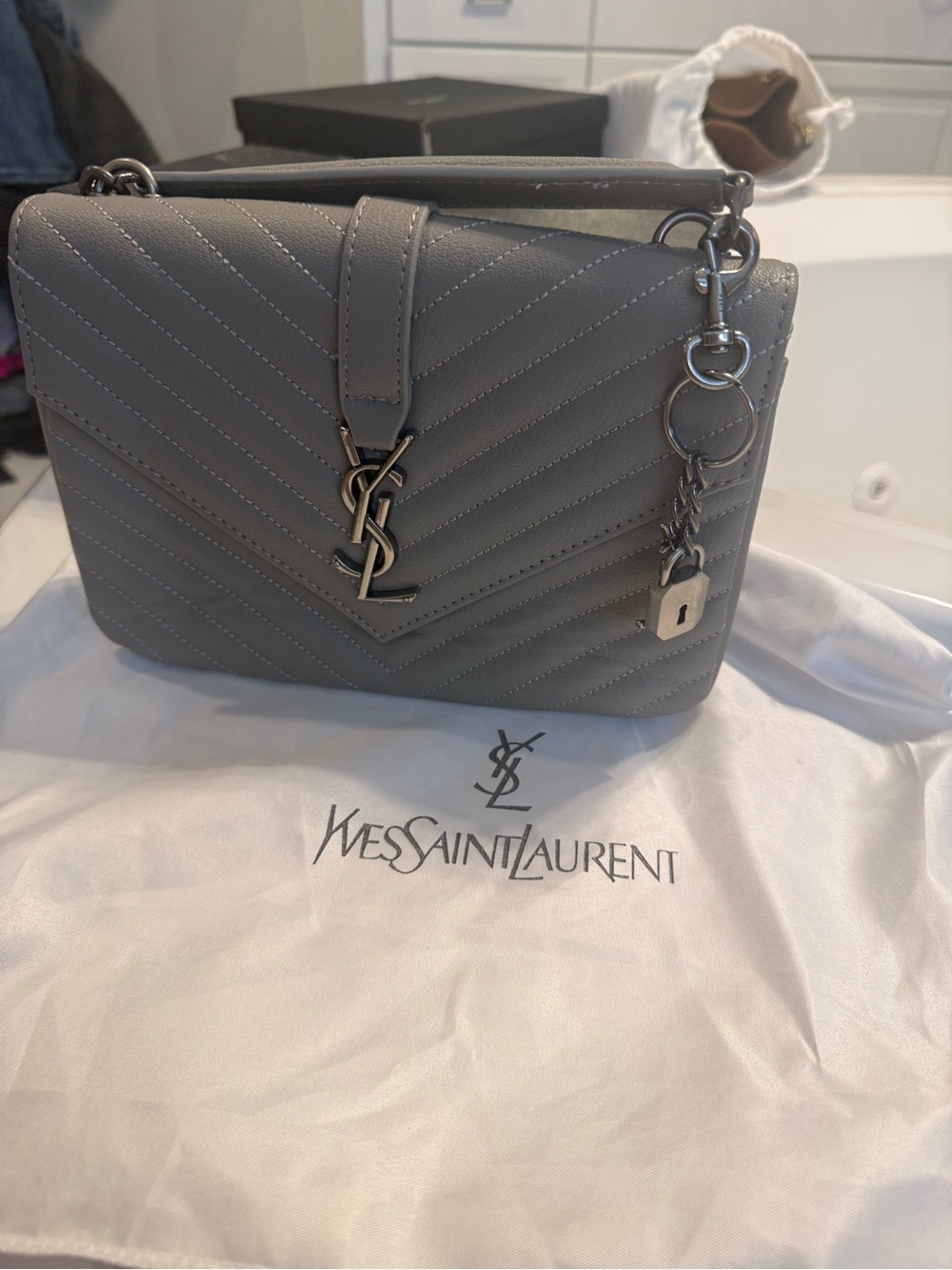 Saint Laurent Grey Quilted Leather Crossbody Bag with Chain and Charm